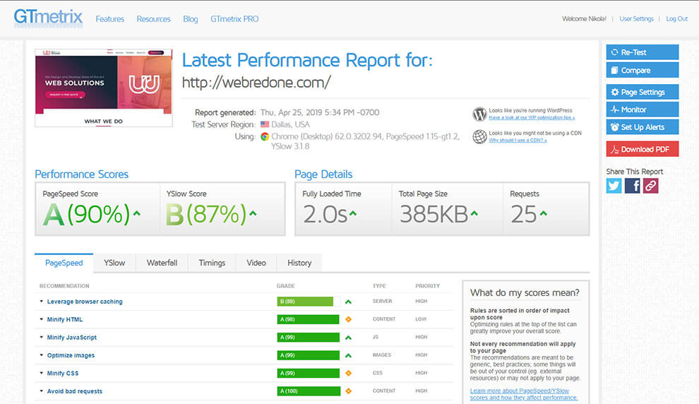 Website load time optimization gtMetrix image