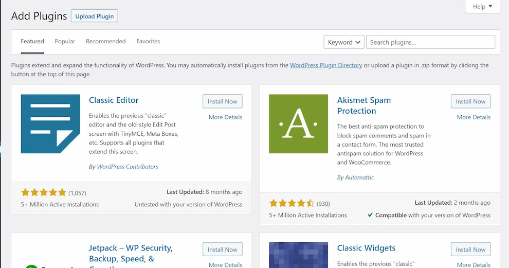 WordPress plugins install screen - webredone.com
