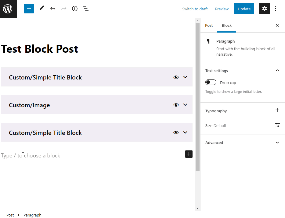 Searching and adding a Theme Redone's Gutenberg Block example
