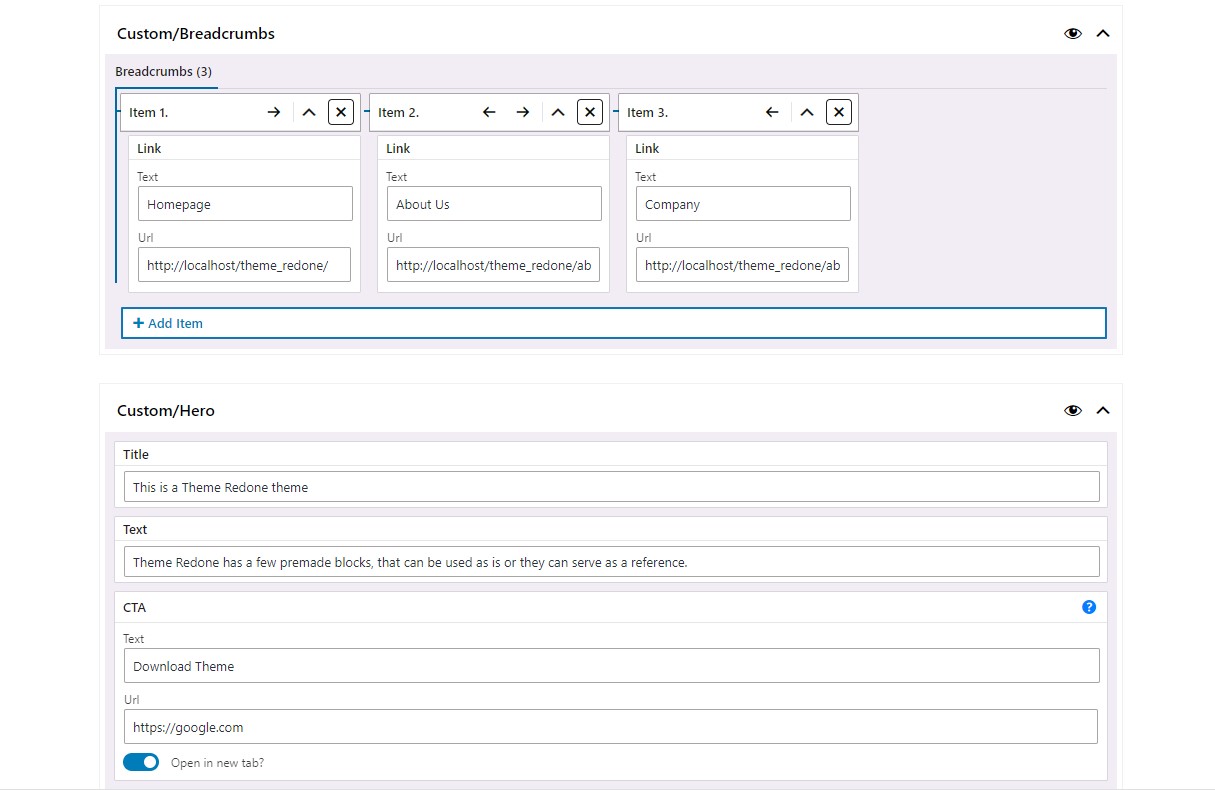Theme Redone WordPress Theme Blocks Admin UI Screenshot