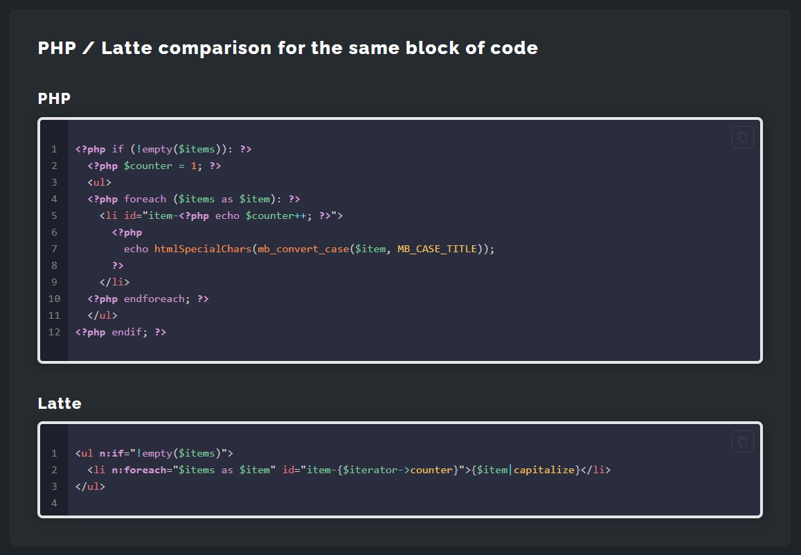 wordpress theme starter theme-redone PHP and latte syntax comparison